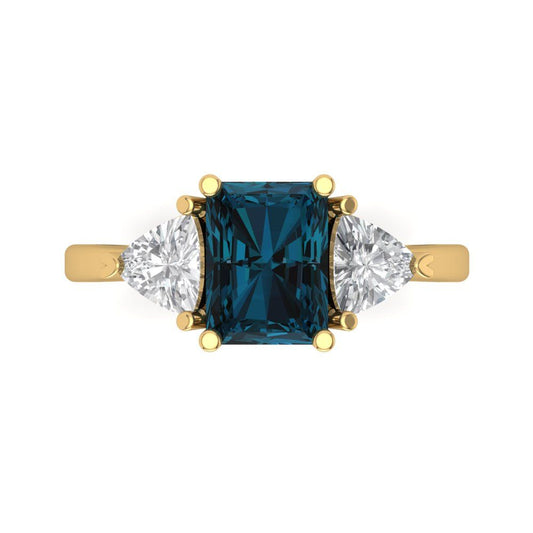 2.82 cttw Natural London Blue Topaz Three-Stone Engagement Ring - Solid Yellow Gold (VVS1, Emerald Cut,8x6mm)