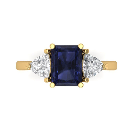 2.82 cttw Simulated Blue Sapphire Three-Stone Engagement Ring - Solid Yellow Gold (VVS1, Emerald Cut,8x6mm)