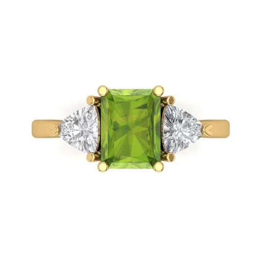 2.82 cttw Natural Peridot Three-Stone Engagement Ring - Solid Yellow Gold (VVS1, Emerald Cut,8x6mm)