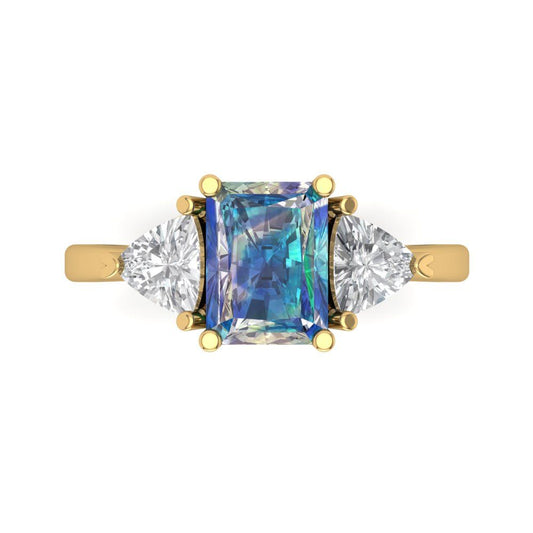 2.82 cttw Blue Moissanite Three-Stone Engagement Ring - Solid Yellow Gold (VVS1, Emerald Cut,8x6mm)