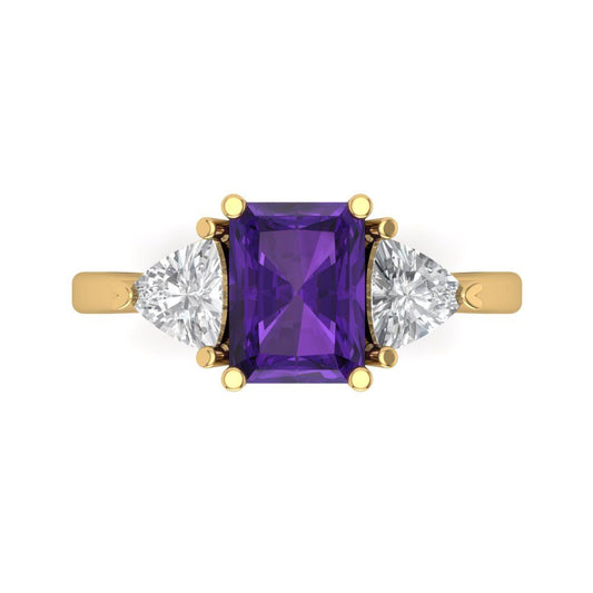 2.82 cttw Natural Amethyst Three-Stone Engagement Ring - Solid Yellow Gold (VVS1, Emerald Cut,8x6mm)