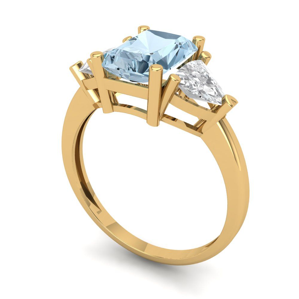 2.82 cttw Zirconia Simulated Blue Diamond Three-Stone Engagement Ring - Solid Gold (VVS1, Emerald Cut,8x6mm)
