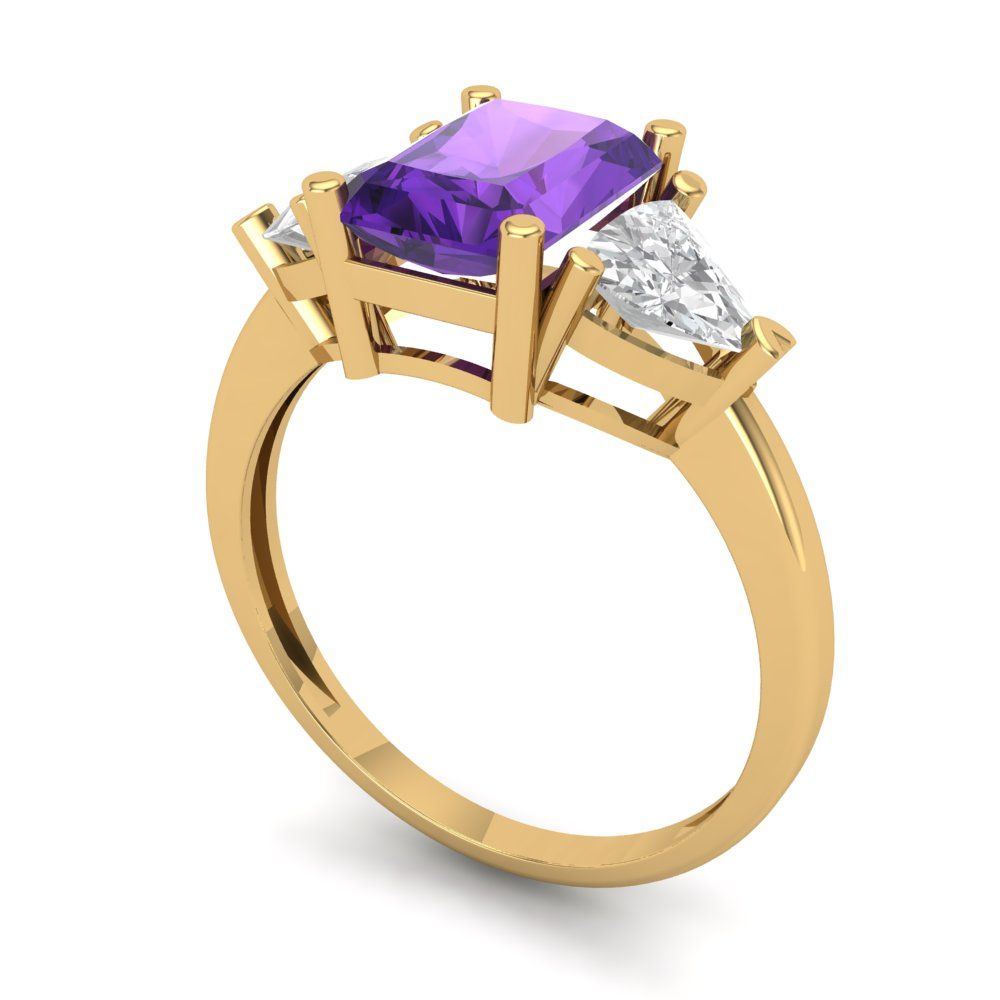 2.82 cttw Natural Amethyst Three-Stone Engagement Ring - Solid Gold (Emerald Cut,8x6mm)