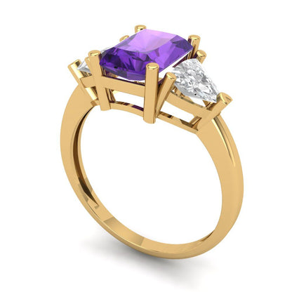 2.82 cttw Natural Amethyst Three-Stone Engagement Ring - Solid Gold (Emerald Cut,8x6mm)