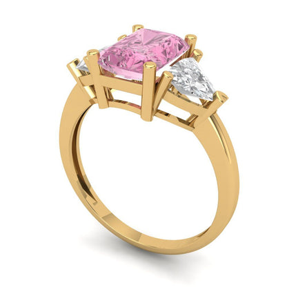 2.82 cttw Zirconia Simulated Pink Diamond Three-Stone Engagement Ring - Solid Gold (VVS1, Emerald Cut,8x6mm)