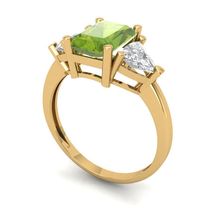 2.82 cttw Natural Peridot Three-Stone Engagement Ring - Solid Gold (Emerald Cut,8x6mm)