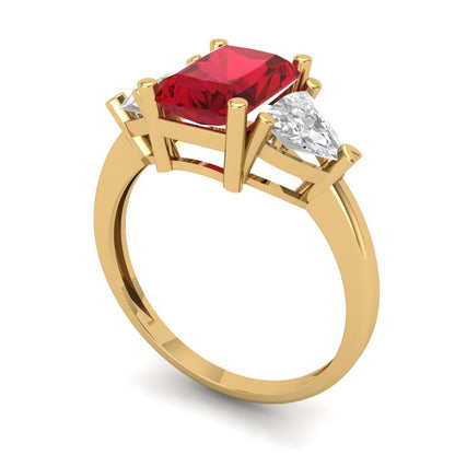 2.82 cttw Simulated Ruby Three-Stone Engagement Ring - Solid Yellow Gold (VVS1, Emerald Cut,8x6mm)
