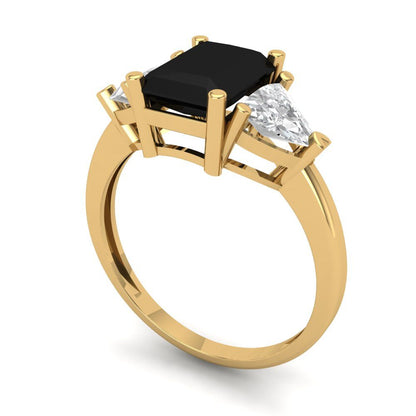 2.82 cttw Natural Onyx Three-Stone Engagement Ring - Solid Gold (Emerald Cut,8x6mm)