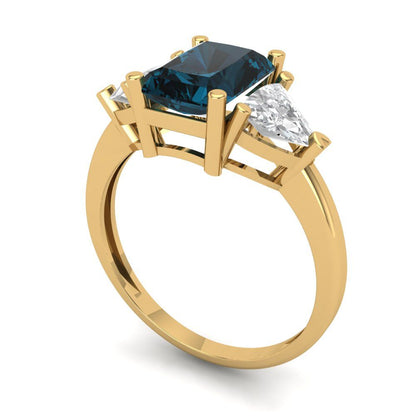 2.82 cttw Natural London Blue Topaz Three-Stone Engagement Ring - Solid Gold (Emerald Cut,8x6mm)