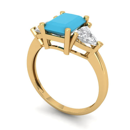 2.82 cttw Simulated Turquoise Three-Stone Engagement Ring - Solid Gold (Emerald Cut,8x6mm)