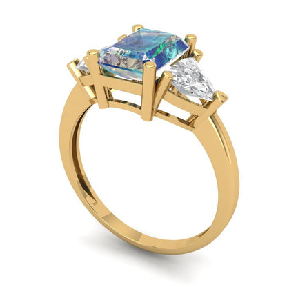 2.82 cttw Blue Moissanite Three-Stone Engagement Ring - Solid Gold (Emerald Cut,8x6mm)