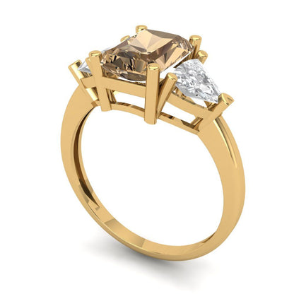 2.82 cttw Zirconia Simulated Champagne Diamond Three-Stone Engagement Ring - Solid Gold (VVS1, Emerald Cut,8x6mm)
