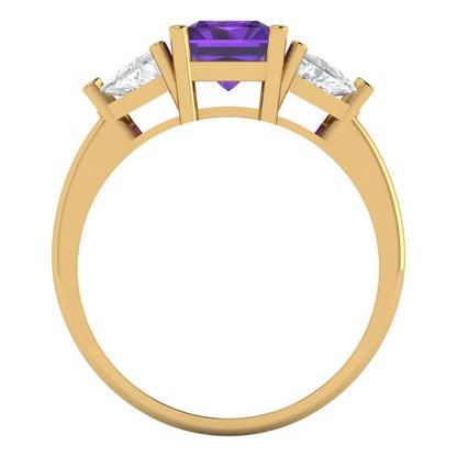2.82 cttw Natural Amethyst Three-Stone Engagement Ring - Solid Gold (Emerald Cut,8x6mm)