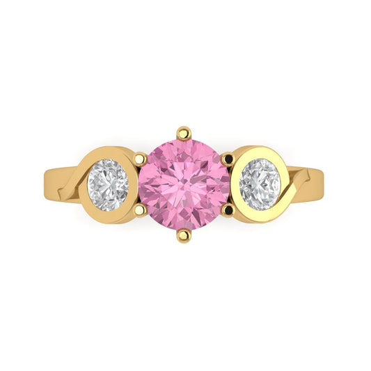 1.72 cttw Zirconia Simulated Pink Diamond Three-Stone Engagement Ring - Solid Yellow Gold (VVS1, Round Cut,6.5mm)