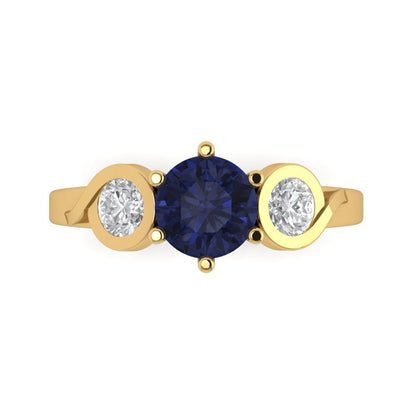 1.72 cttw Simulated Blue Sapphire Three-Stone Engagement Ring - Solid Gold (Round Cut,6.5mm)