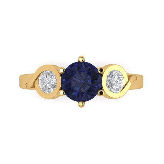 1.72 cttw Simulated Blue Sapphire Three-Stone Engagement Ring - Solid Yellow Gold (VVS1, Round Cut,6.5mm)