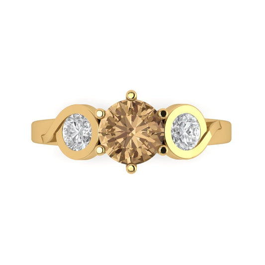 1.72 cttw Zirconia Simulated Champagne Diamond Three-Stone Engagement Ring - Solid Yellow Gold (VVS1, Round Cut,6.5mm)