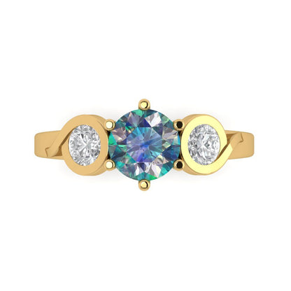 1.72 cttw Blue Moissanite Three-Stone Engagement Ring - Solid Gold (Round Cut,6.5mm)