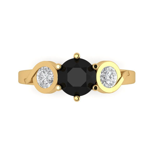 1.72 cttw Natural Onyx Three-Stone Engagement Ring - Solid Yellow Gold (VVS1, Round Cut,6.5mm)
