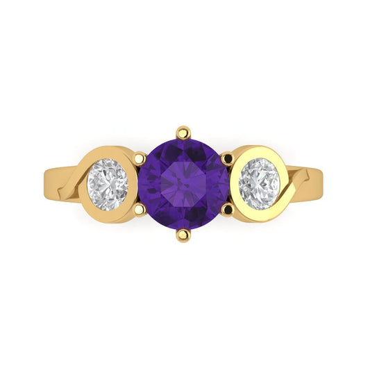 1.72 cttw Natural Amethyst Three-Stone Engagement Ring - Solid Yellow Gold (VVS1, Round Cut,6.5mm)