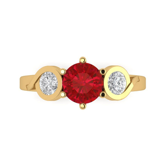 1.72 cttw Simulated Ruby Three-Stone Engagement Ring - Solid Yellow Gold (VVS1, Round Cut,6.5mm)