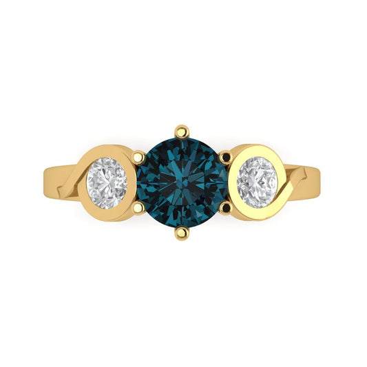 1.72 cttw Natural London Blue Topaz Three-Stone Engagement Ring - Solid Yellow Gold (VVS1, Round Cut,6.5mm)