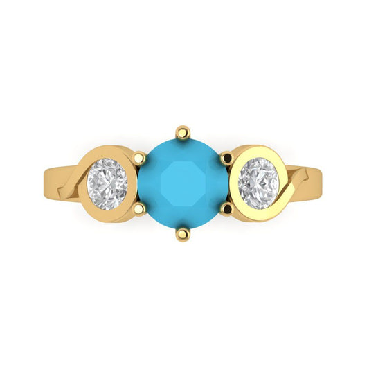 1.72 cttw Simulated Turquoise Three-Stone Engagement Ring - Solid Yellow Gold (VVS1, Round Cut,6.5mm)