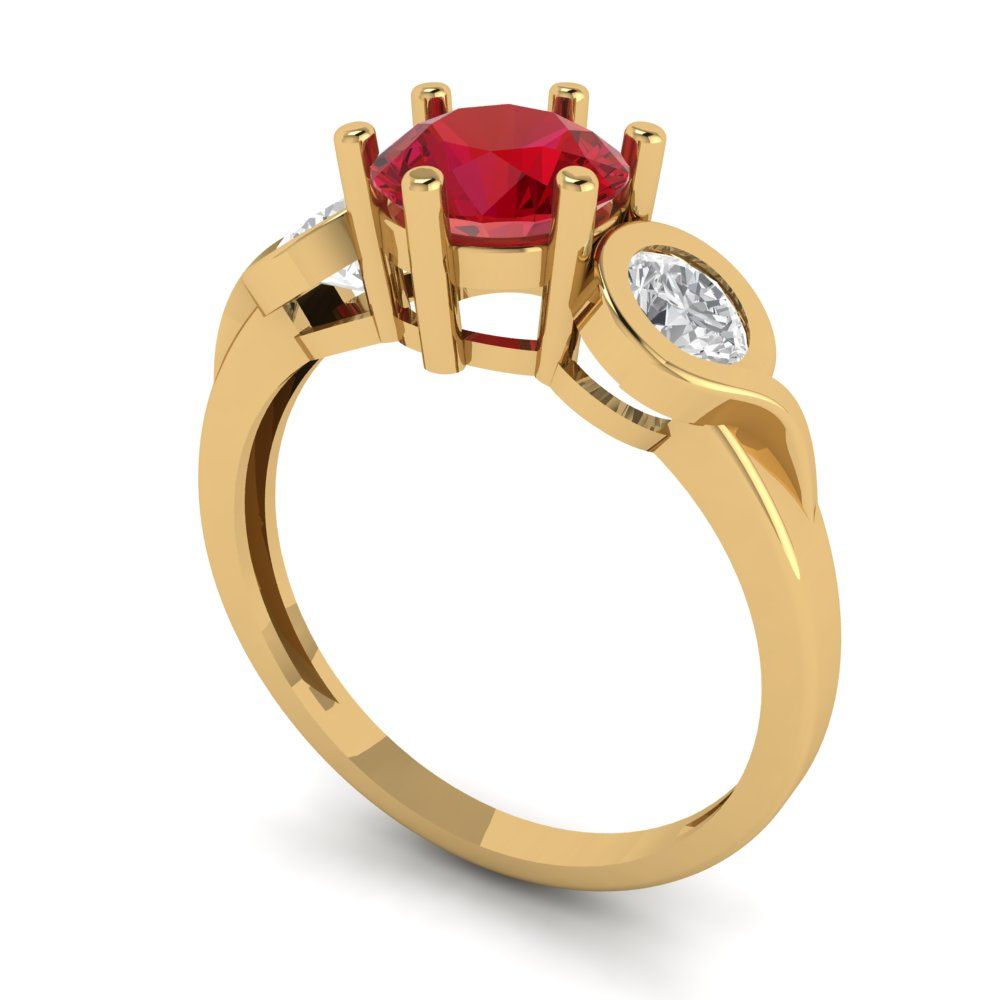 1.72 cttw Simulated Ruby Three-Stone Engagement Ring - Solid Gold (Round Cut,6.5mm)