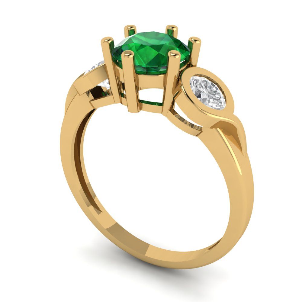 1.72 cttw Simulated Emerald Three-Stone Engagement Ring - Solid Gold (Round Cut,6.5mm)