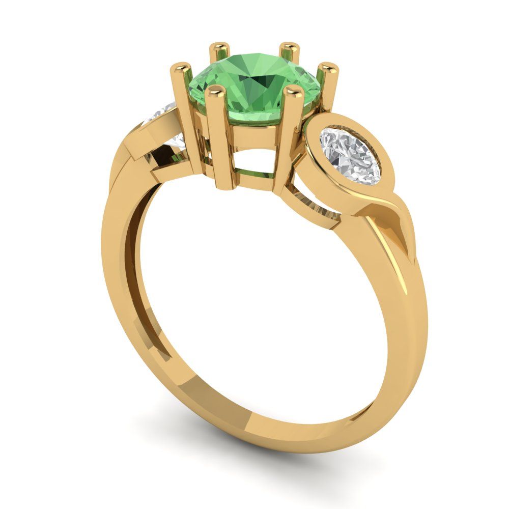 1.72 cttw Zirconia Simulated Green Diamond Three-Stone Engagement Ring - Solid Gold (VVS1, Round Cut,6.5mm)