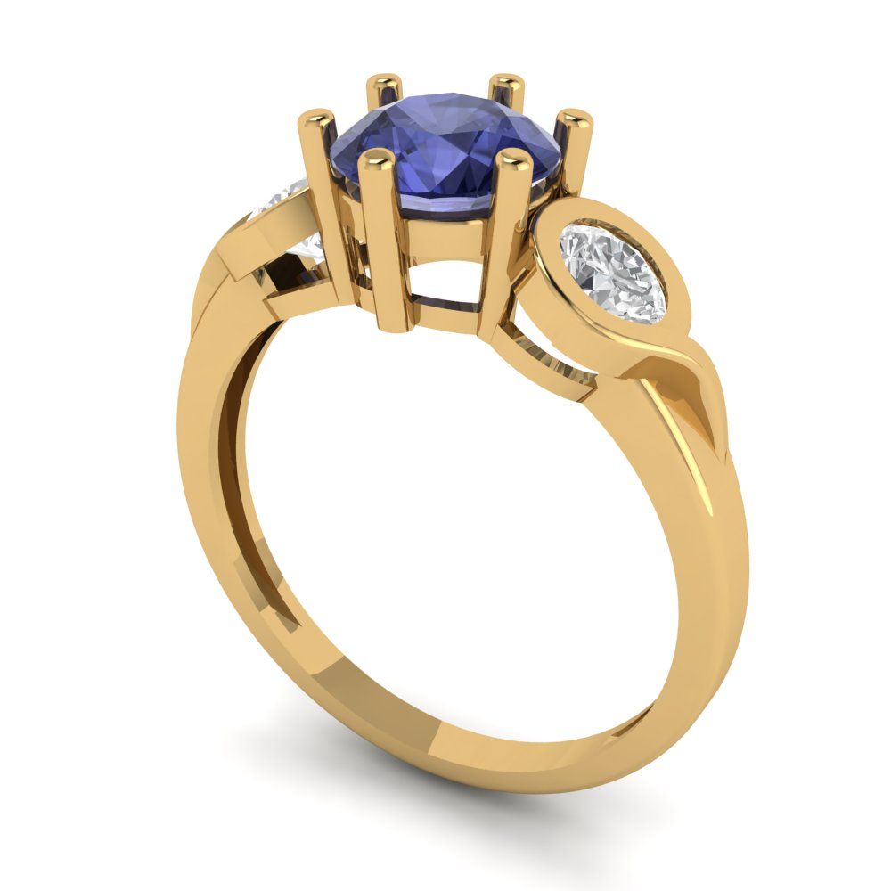 1.72 cttw Simulated Tanzanite Three-Stone Engagement Ring - Solid Gold (Round Cut,6.5mm)
