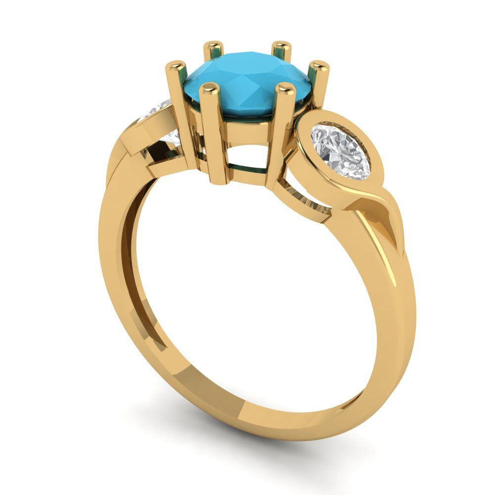 1.72 cttw Simulated Turquoise Three-Stone Engagement Ring - Solid Gold (Round Cut,6.5mm)