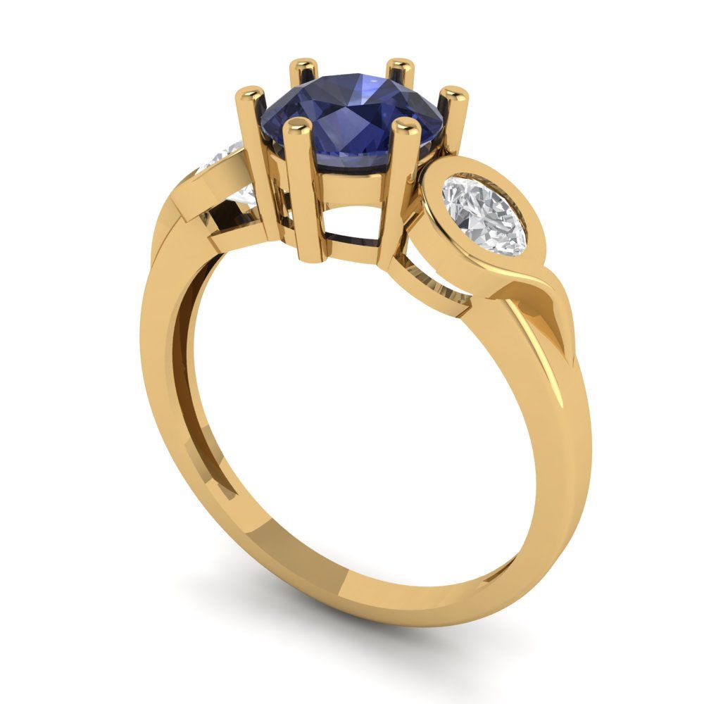 1.72 cttw Simulated Blue Sapphire Three-Stone Engagement Ring - Solid Gold (Round Cut,6.5mm)