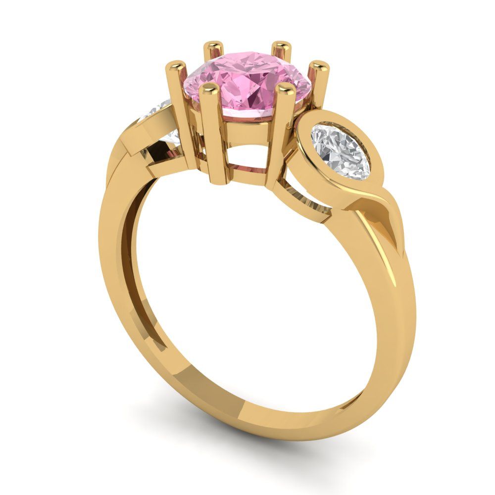 1.72 cttw Zirconia Simulated Pink Diamond Three-Stone Engagement Ring - Solid Gold (VVS1, Round Cut,6.5mm)