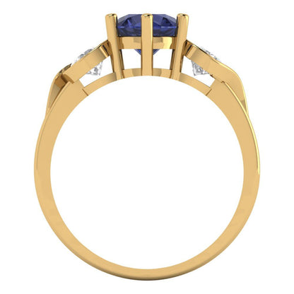 1.72 cttw Simulated Blue Sapphire Three-Stone Engagement Ring - Solid Gold (Round Cut,6.5mm)
