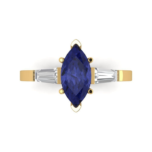 2 cttw Simulated Tanzanite Three-Stone Engagement Ring - Solid Yellow Gold (VVS1, Marquise Cut,11x5.5mm)