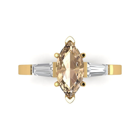 2 cttw Yellow Moissanite Three-Stone Engagement Ring - Solid Yellow Gold (VVS1, Marquise Cut,11x5.5mm)