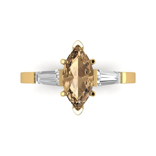 2 cttw Zirconia Simulated Champagne Diamond Three-Stone Engagement Ring - Solid Yellow Gold (VVS1, Marquise Cut,11x5.5mm)