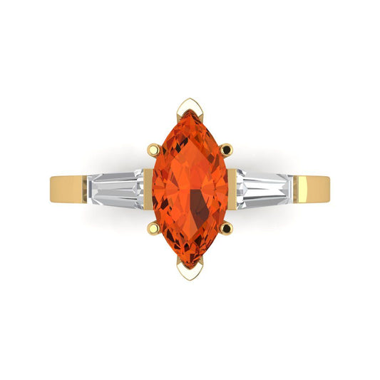 2 cttw Zirconia Simulated Red Diamond Three-Stone Engagement Ring - Solid Yellow Gold (VVS1, Marquise Cut,11x5.5mm)