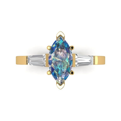 2 cttw Blue Moissanite Three-Stone Engagement Ring - Solid Gold (Marquise Cut,11x5.5mm)