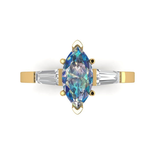 2 cttw Blue Moissanite Three-Stone Engagement Ring - Solid Yellow Gold (VVS1, Marquise Cut,11x5.5mm)