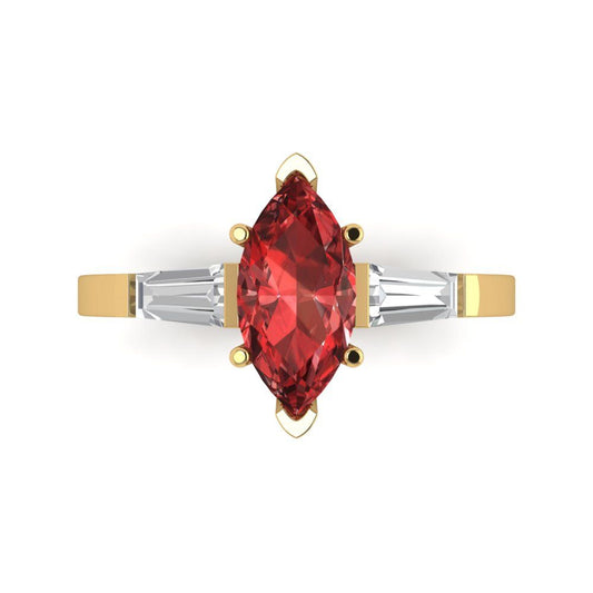2 cttw Natural Garnet Three-Stone Engagement Ring - Solid Yellow Gold (VVS1, Marquise Cut,11x5.5mm)