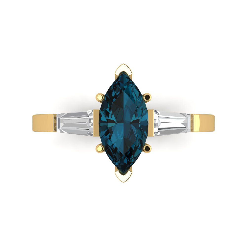 2 cttw Natural London Blue Topaz Three-Stone Engagement Ring - Solid Gold (Marquise Cut,11x5.5mm)