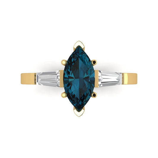 2 cttw Natural London Blue Topaz Three-Stone Engagement Ring - Solid Yellow Gold (VVS1, Marquise Cut,11x5.5mm)