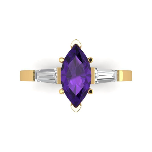 2 cttw Natural Amethyst Three-Stone Engagement Ring - Solid Yellow Gold (VVS1, Marquise Cut,11x5.5mm)