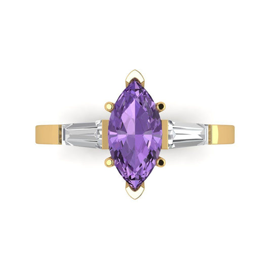 2 cttw Simulated Alexandrite Three-Stone Engagement Ring - Solid Yellow Gold (VVS1, Marquise Cut,11x5.5mm)