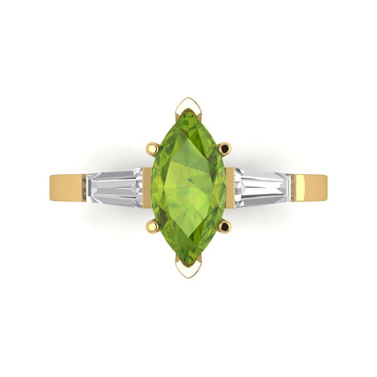 2 cttw Natural Peridot Three-Stone Engagement Ring - Solid Yellow Gold (VVS1, Marquise Cut,11x5.5mm)