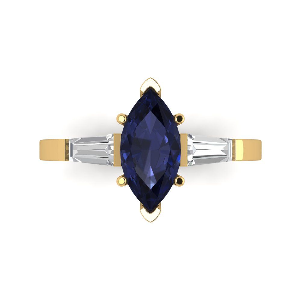 2 cttw Simulated Blue Sapphire Three-Stone Engagement Ring - Solid Gold (Marquise Cut,11x5.5mm)