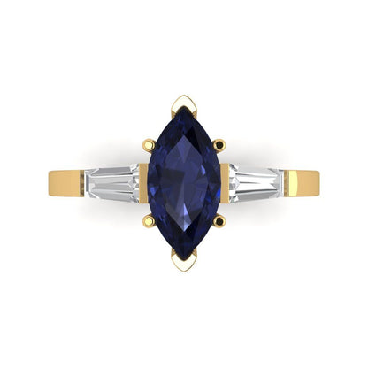 2 cttw Simulated Blue Sapphire Three-Stone Engagement Ring - Solid Gold (Marquise Cut,11x5.5mm)