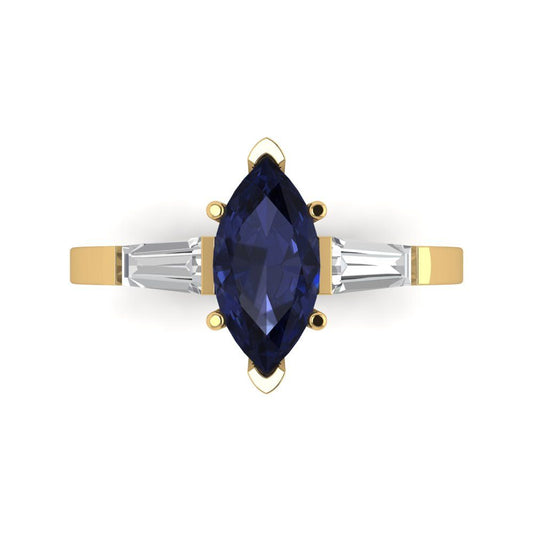 2 cttw Simulated Blue Sapphire Three-Stone Engagement Ring - Solid Yellow Gold (VVS1, Marquise Cut,11x5.5mm)